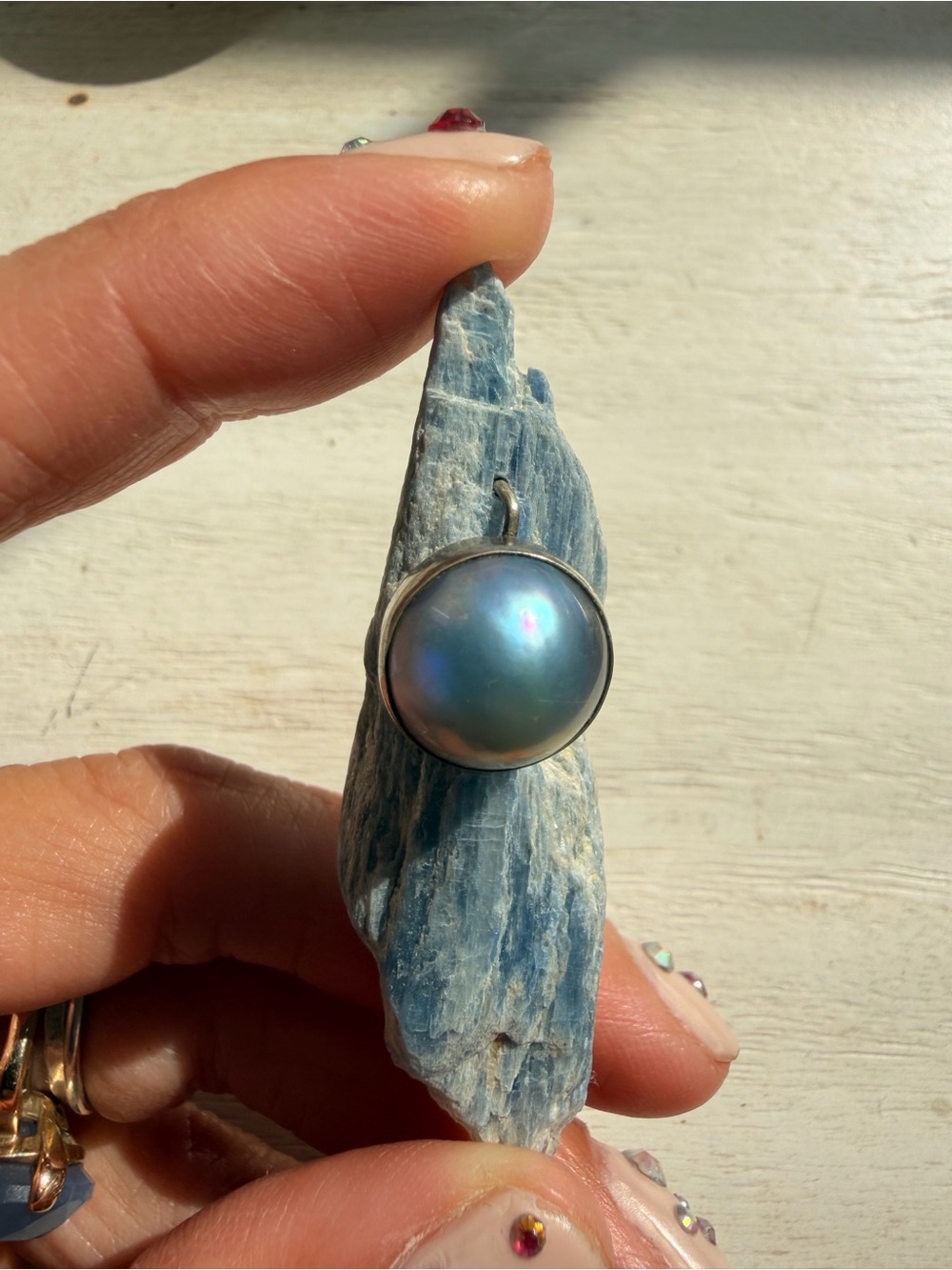 Large Tahitian Pearl Pendant in Kyanite stone in Silver Setting - Women Jewelry